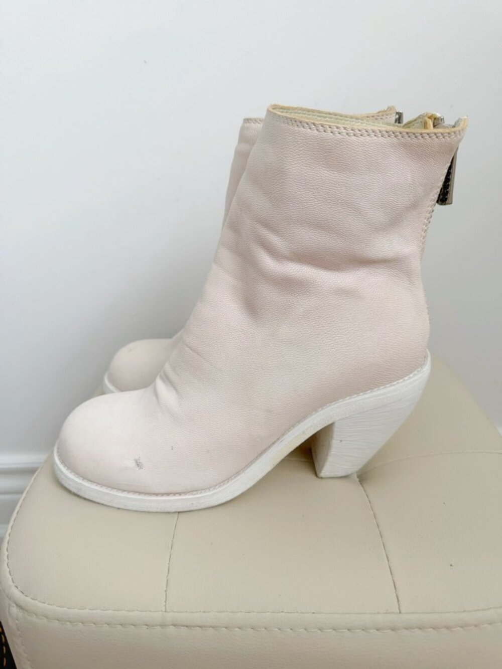 White Distressed Leather Ankle Boots Block Heel Size 37